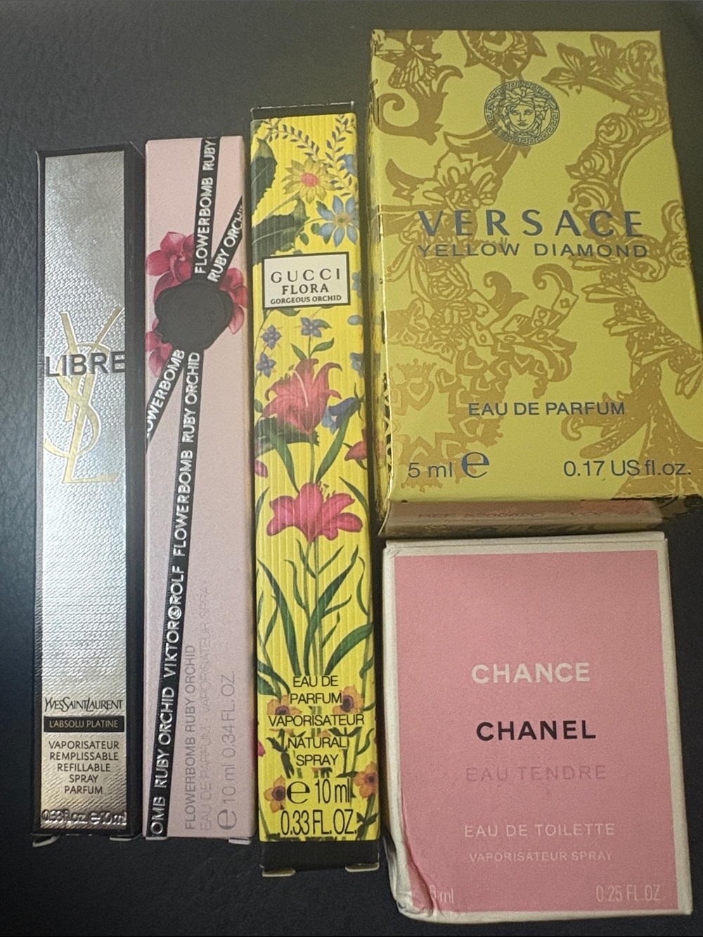 5 NIB CHANEL, GUCCI, VERSACE, YSL, FlowerBomb Eau de mini Travel Perfume Bundle - Picture 2 of 13